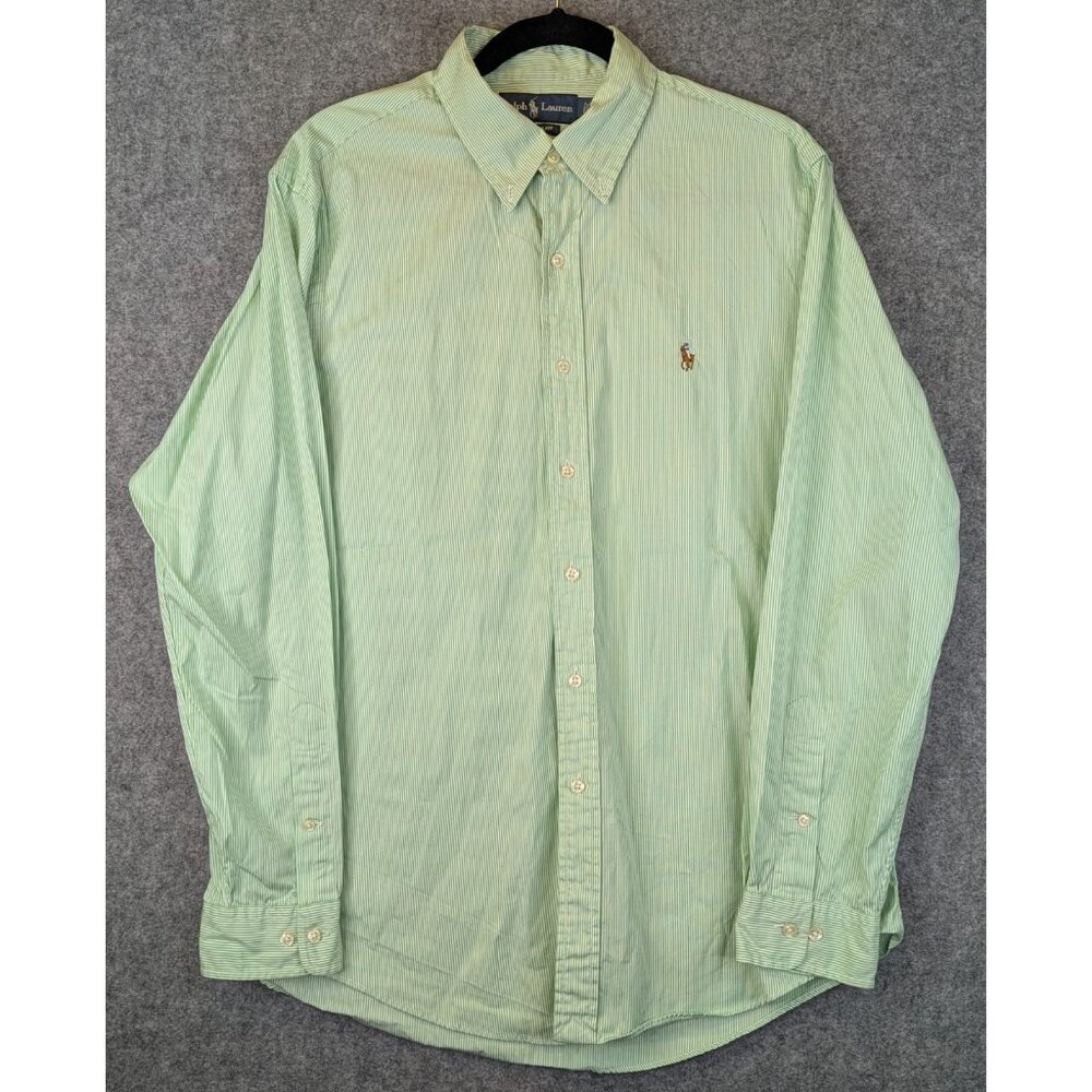 Vintage Ralph Lauren Shirt Men’s 16.5 34/35 Green White Striped Oxford Button Up